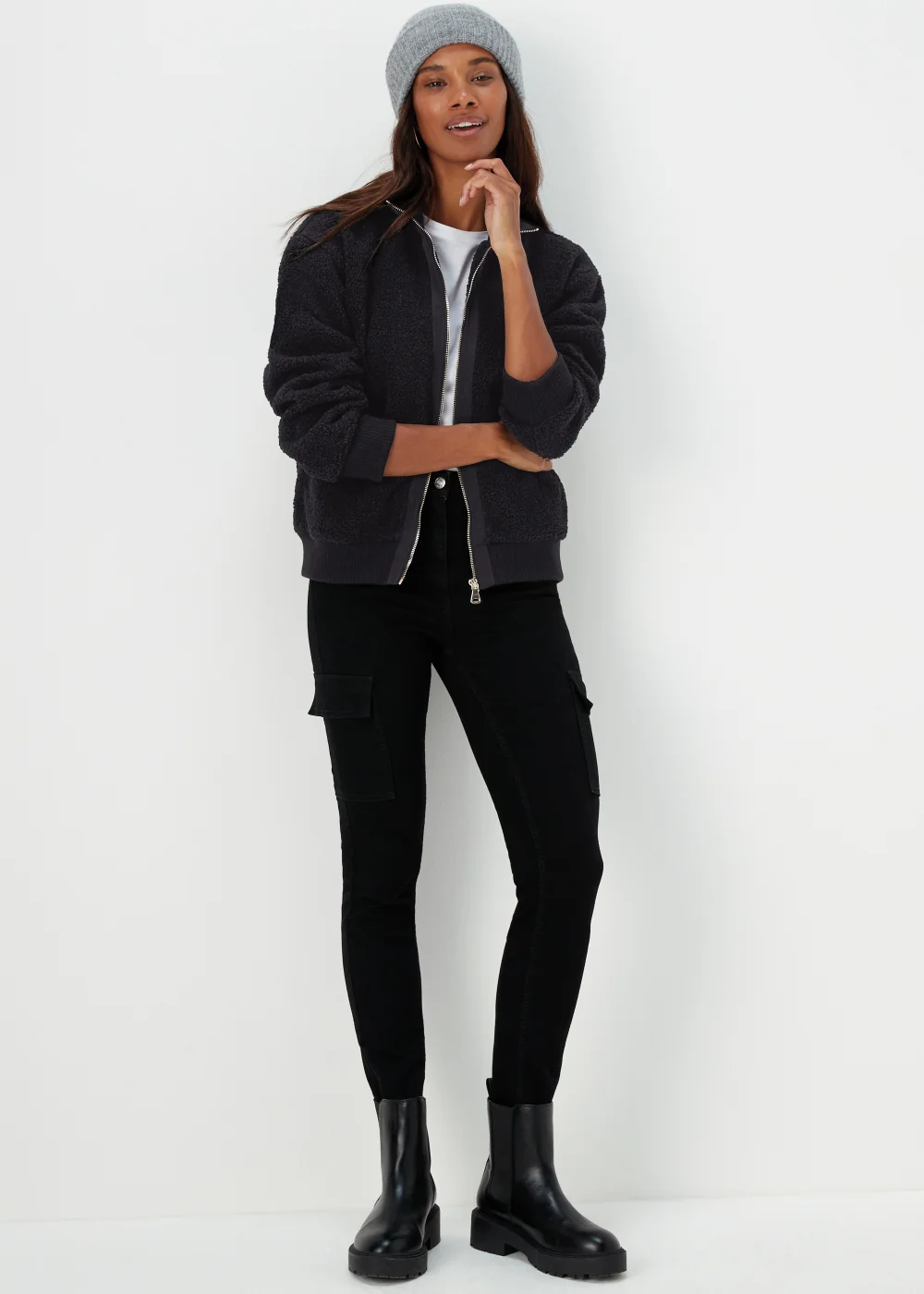 Black Zip Up Ribbed Borg Jacket - S Image 4
