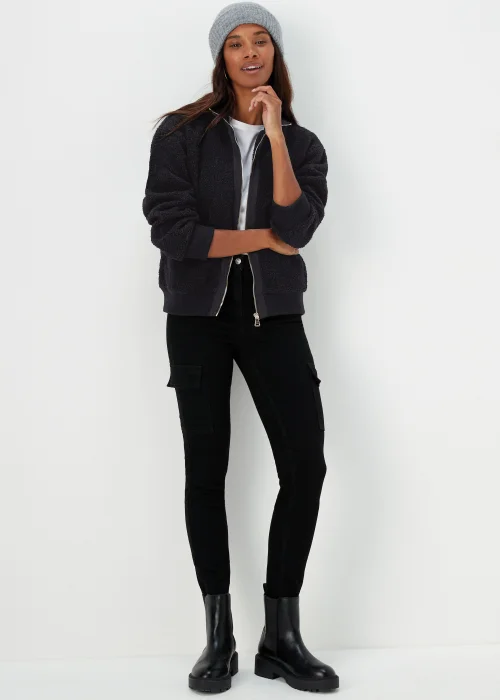 Black Zip Up Ribbed Borg Jacket - S Image 4