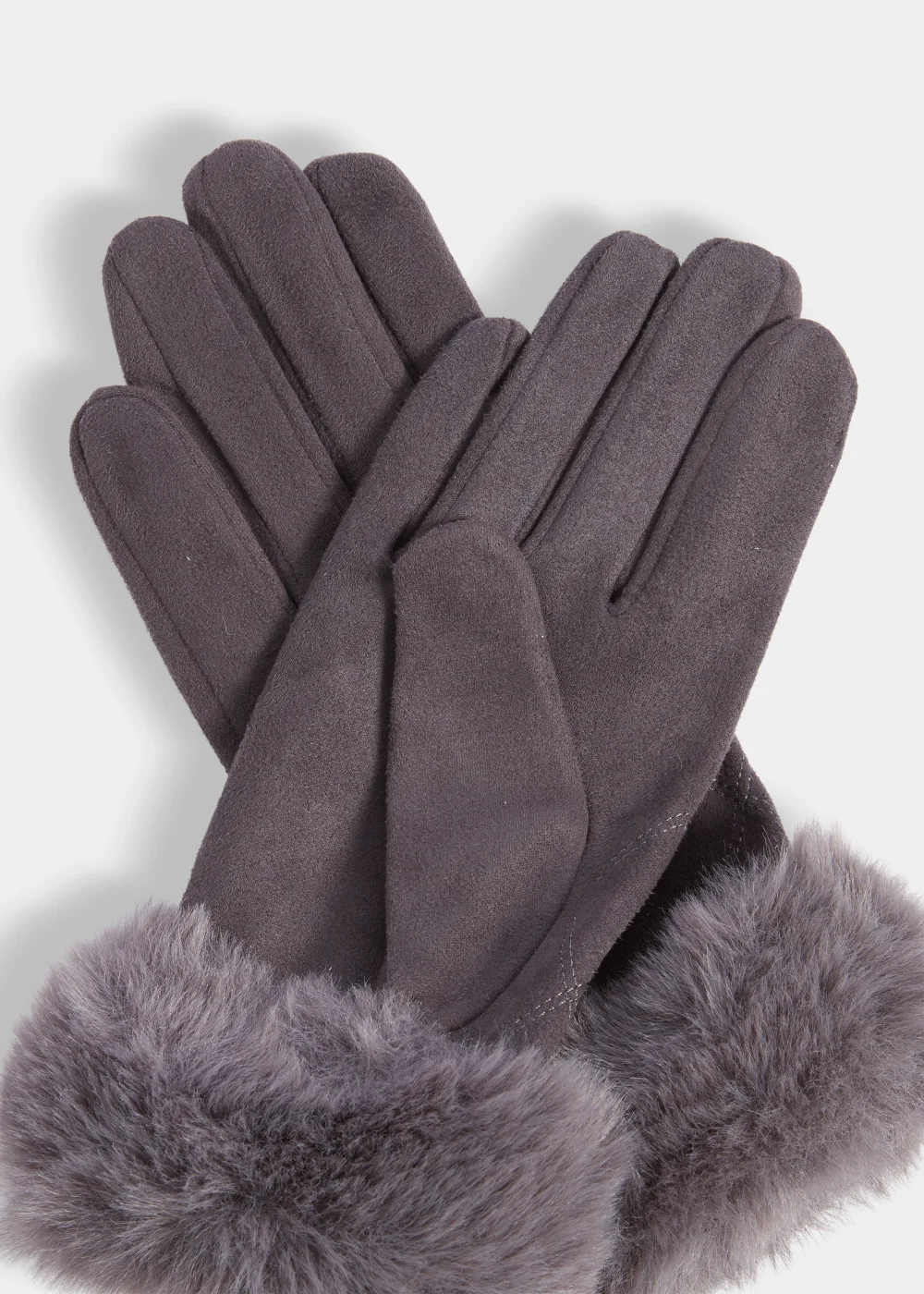 Grey Faux Fur Gloves - One Size Image 2