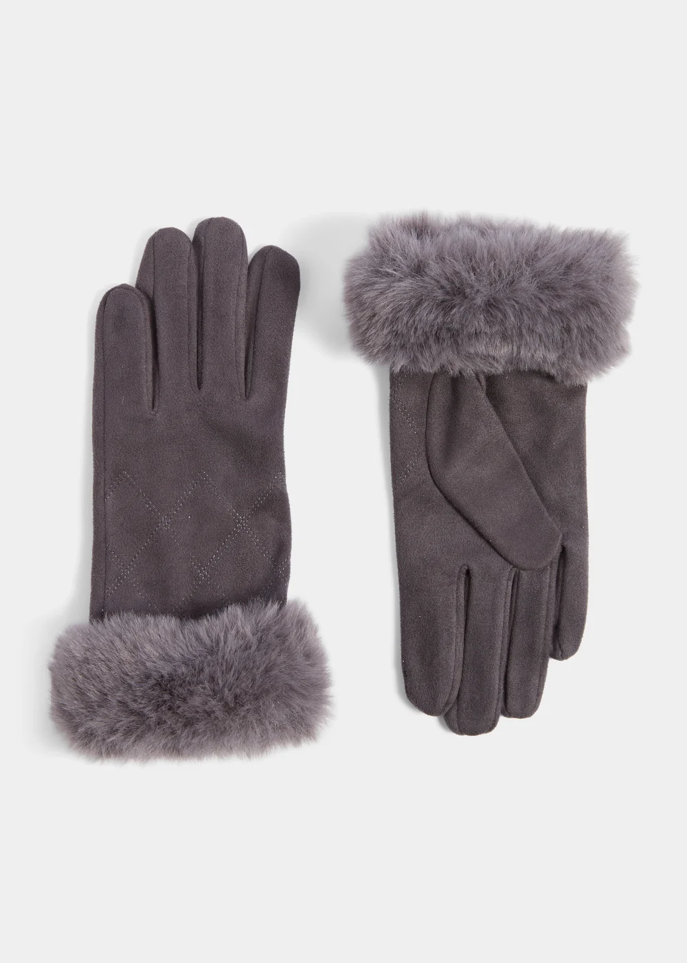 Grey Faux Fur Gloves - One Size Image 1