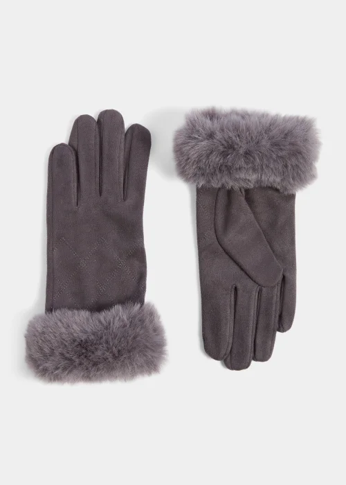 Grey Faux Fur Gloves - One Size Image 1
