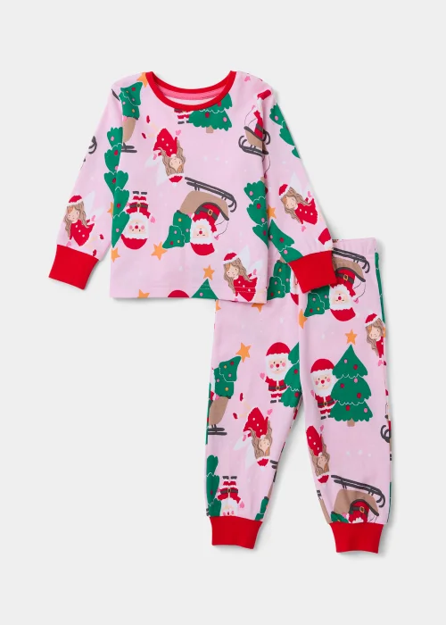 Girls Pink Christmas Print Pyjama Set (9mths-5yrs) - Age 9 - 12 Months Image 1