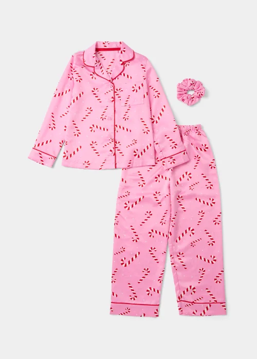 Girls Pink Christmas Candy Cane Satin Pyjama & Scrunchie Set (4-13yrs) - Age 4 Years Image 1