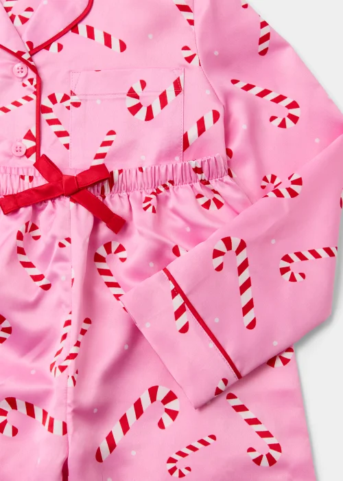Girls Pink Christmas Candy Cane Satin Pyjama & Scrunchie Set (4-13yrs) - Age 4 Years Image 2