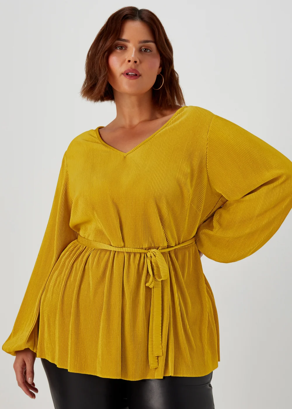 Papaya Curve Yellow Tie Waist Plisse Top - 18 Image 1
