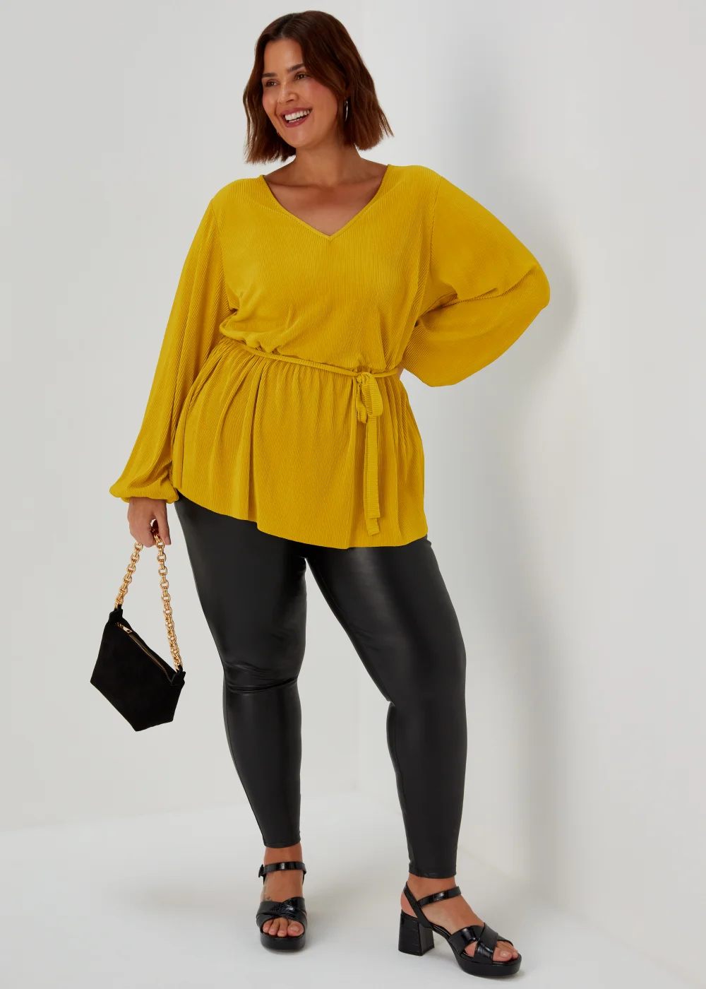 Papaya Curve Yellow Tie Waist Plisse Top - 18 Image 4