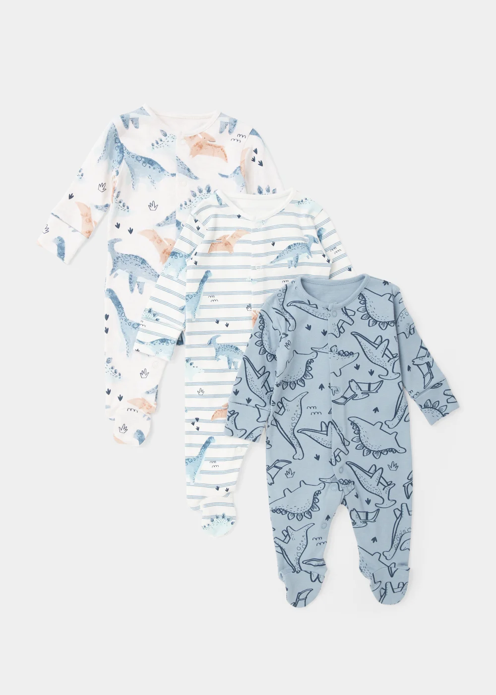 Baby 3 Pack Oatmeal & Blue Dinosaur Sleepsuits (Tiny Baby-18mths) - Tiny Baby Image 1