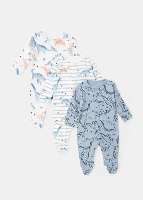 Baby 3 Pack Oatmeal & Blue Dinosaur Sleepsuits (Tiny Baby-18mths) - Tiny Baby Image 1