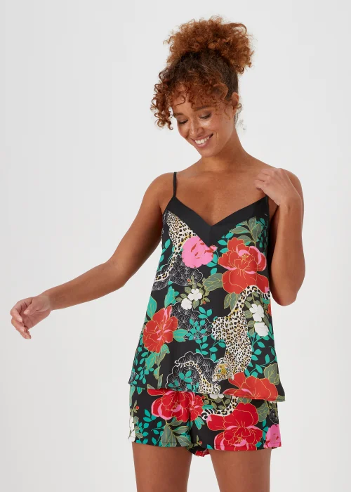 Black Floral Satin Cami Pyjama Top - Size 8 Image 1