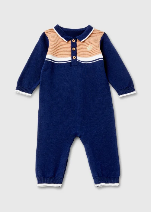 Baby Navy Knitted Smart Romper (Newborn-23mths) - 0-3 months Image 1
