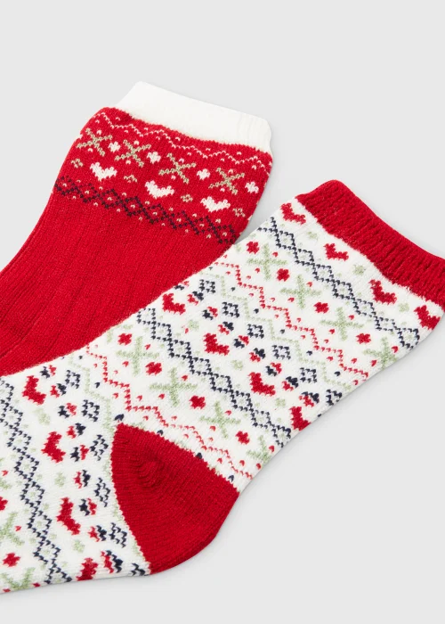 2 Pack Red Fairisle Print Thermal Socks - One Size Image 2