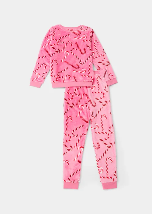 Girls Pink Candy Cane Print Christmas Pyjama Set (4-12yrs) - Age 4 Years Image 1