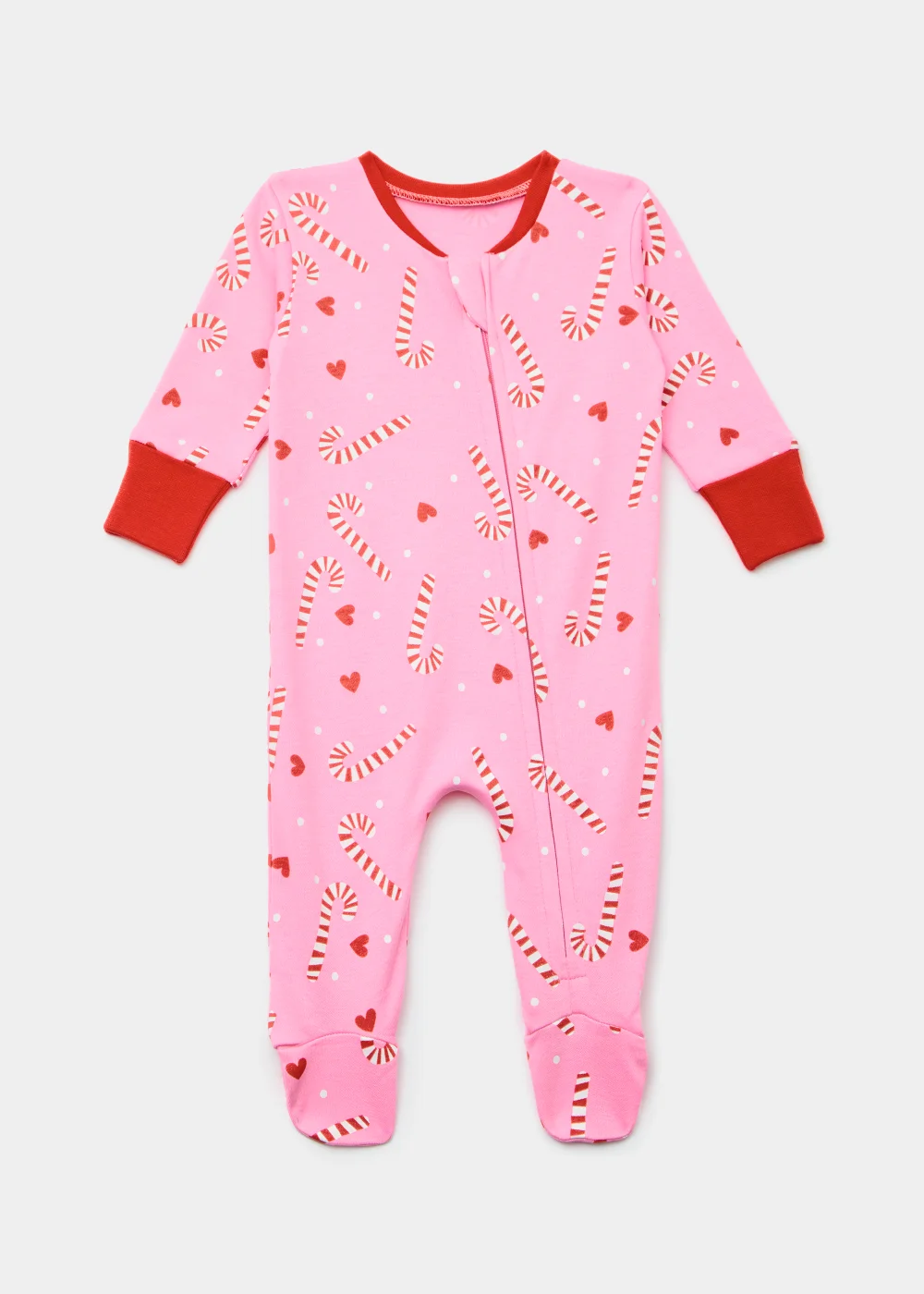 Baby Pink Christmas Candy Cane Print Zip Up Sleepsuit (Newborn-18mths) - Newborn Image 1