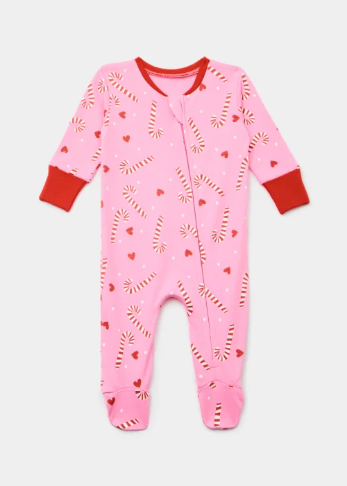 Baby Pink Christmas Candy Cane Print Zip Up Sleepsuit (Newborn-18mths) - Newborn Image 1