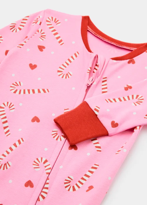 Baby Pink Christmas Candy Cane Print Zip Up Sleepsuit (Newborn-18mths) - Newborn Image 2