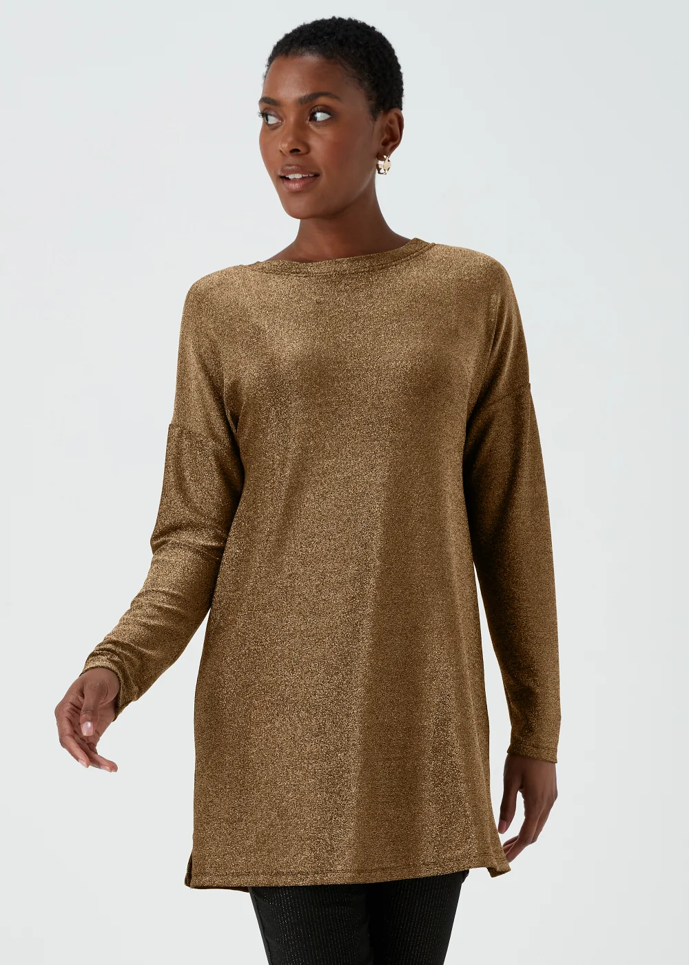 Gold Metallic Long Sleeve Longline Top - S Image 1