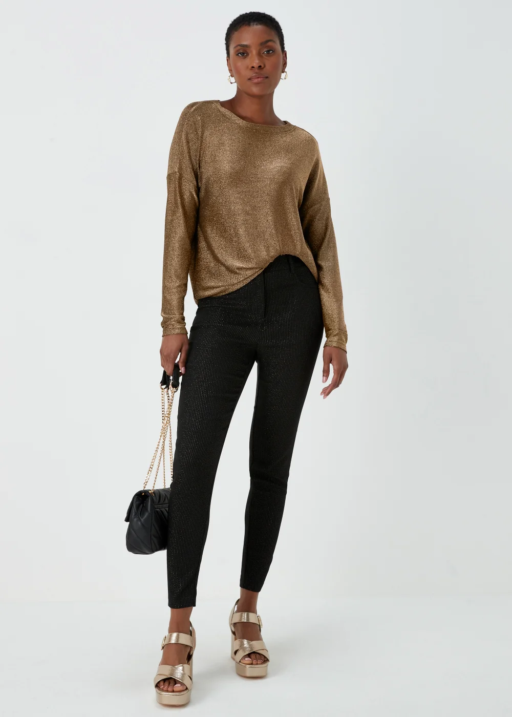 Gold Metallic Long Sleeve Longline Top - S Image 4
