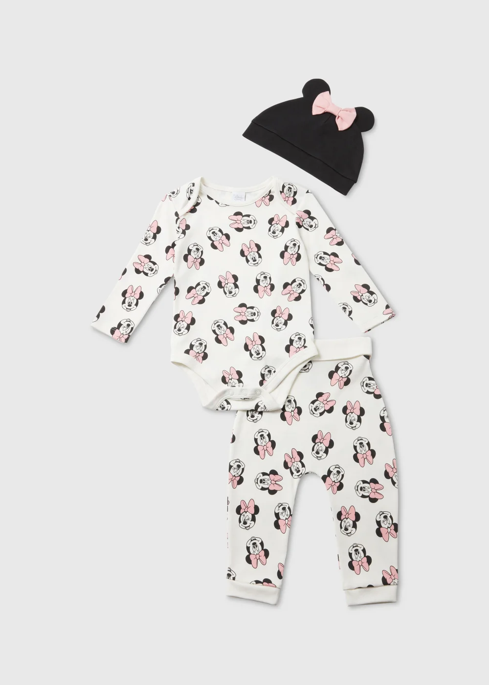 Baby 3 Piece Cream Minnie Mouse Print Bodysuit Leggings & Hat Set (Newborn-12mths) - 0-3 months Image 1