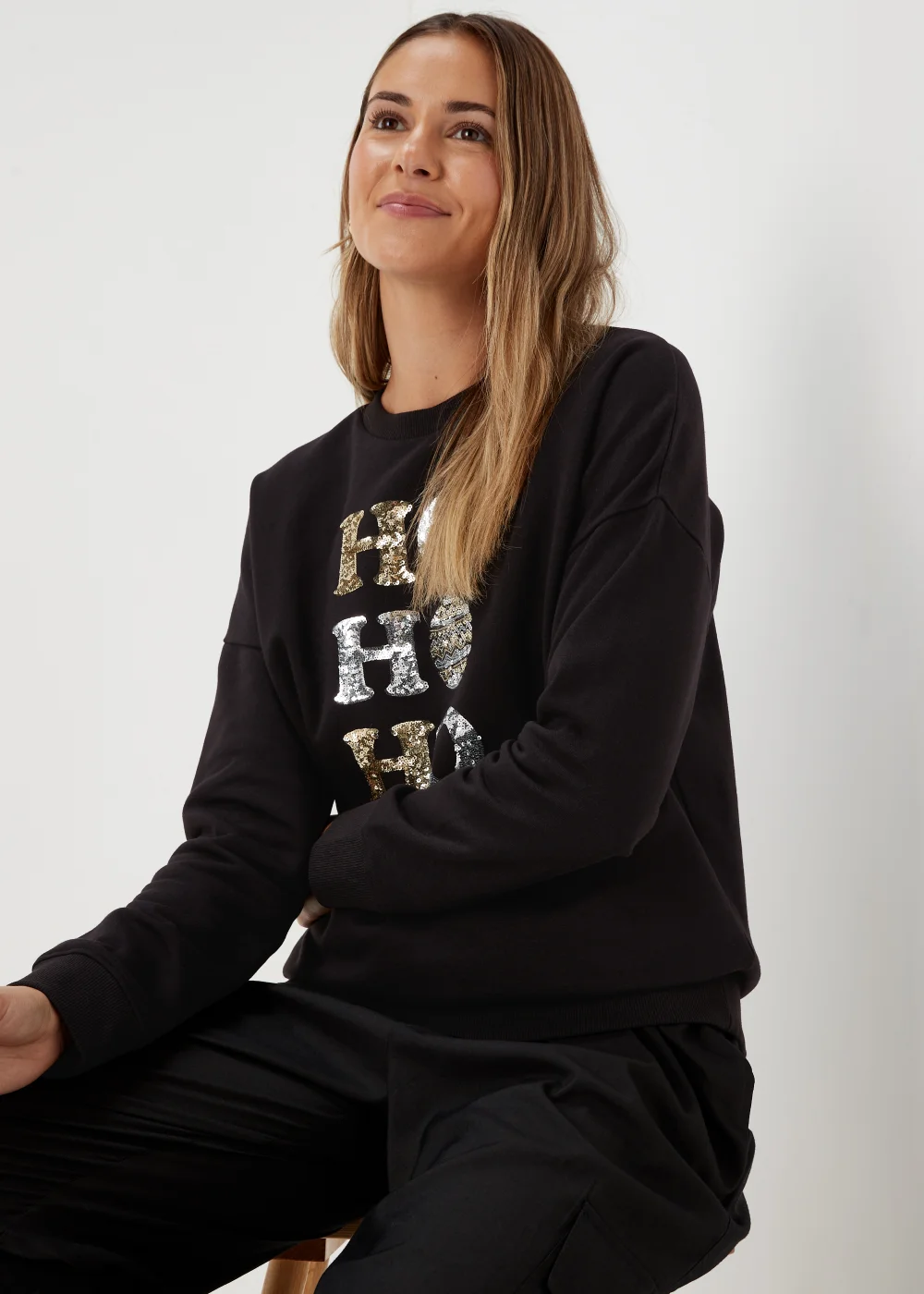 Black Ho Ho Ho Print Christmas Sweatshirt - S Image 4