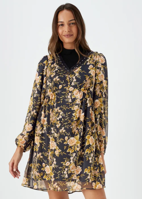Black Floral Lace Trim Mini Dress - 8 Image 1