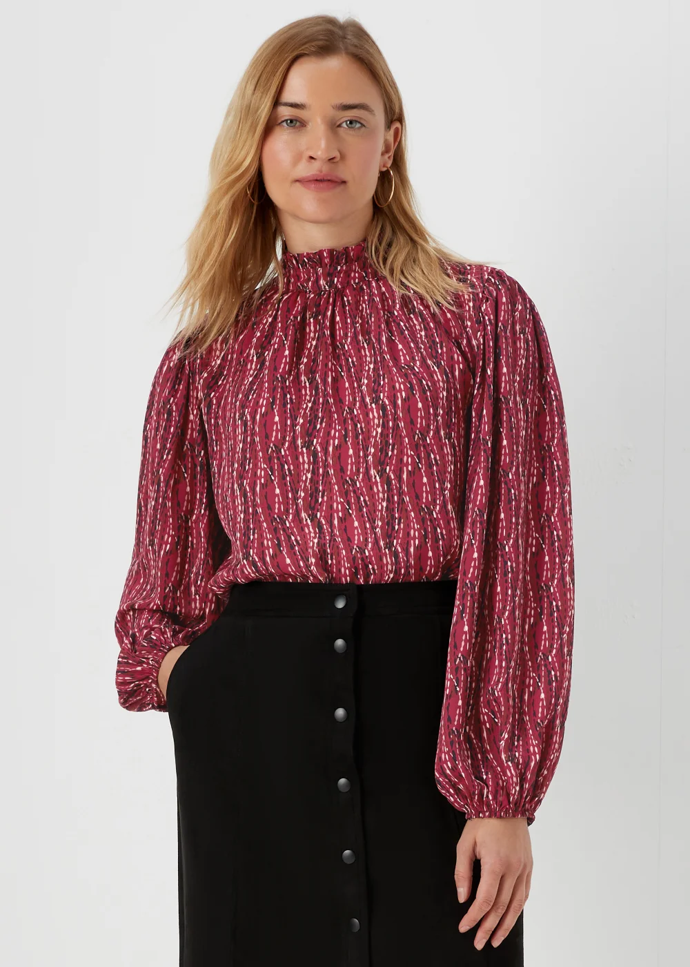Burgundy Abstract Print High Neck Blouse - 8 Image 1