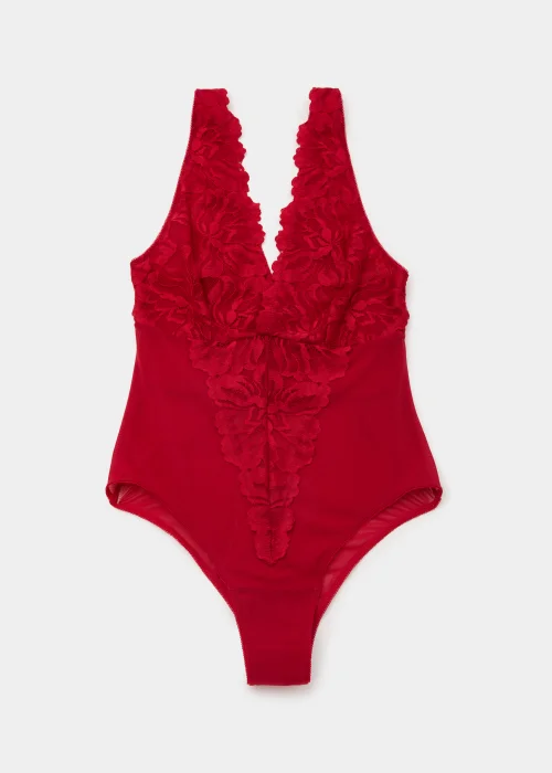 Red Lace Detail V-Neck Bodysuit - Small Image 4
