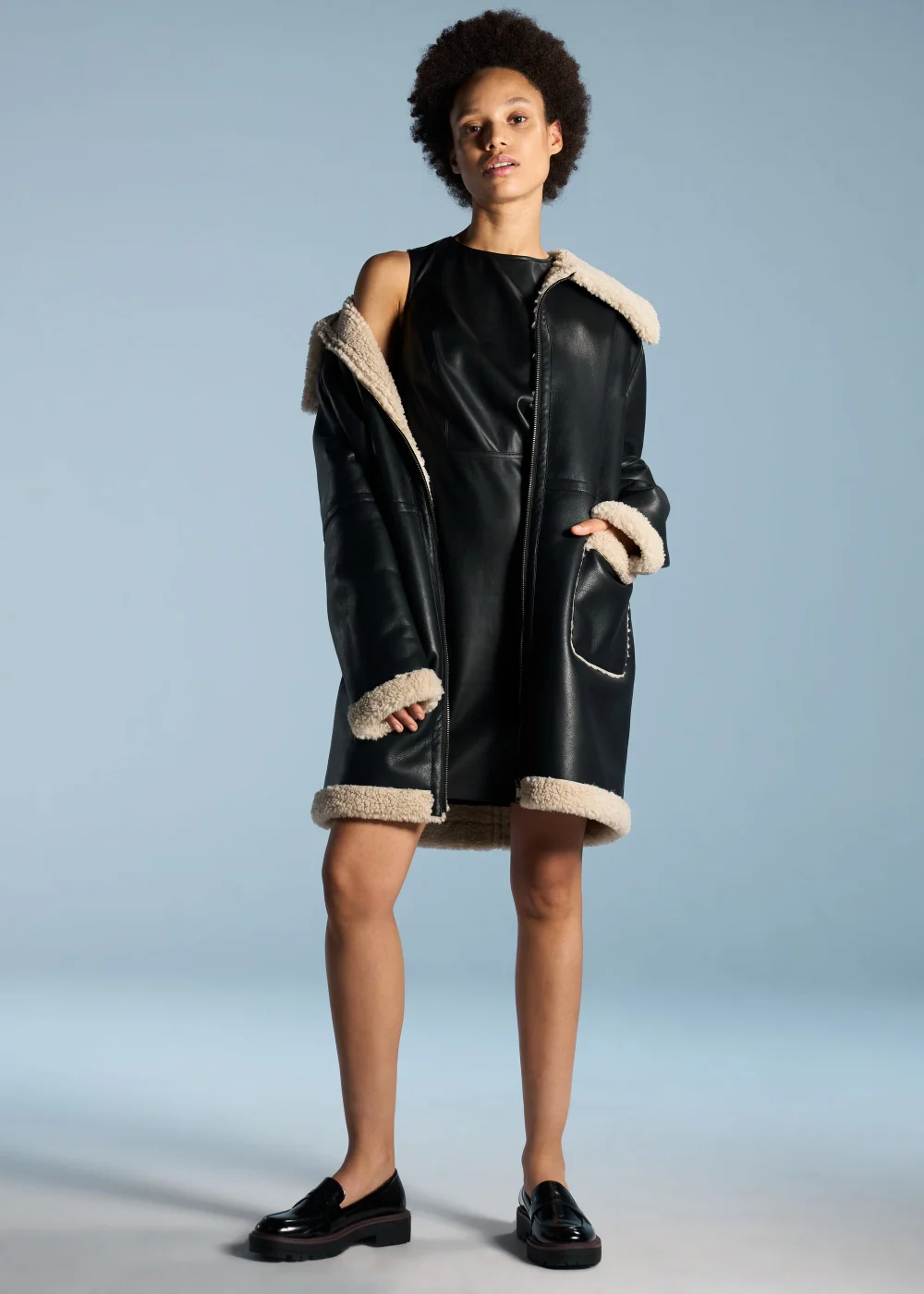 Black Shearling Aviator Coat - 8 Image 6