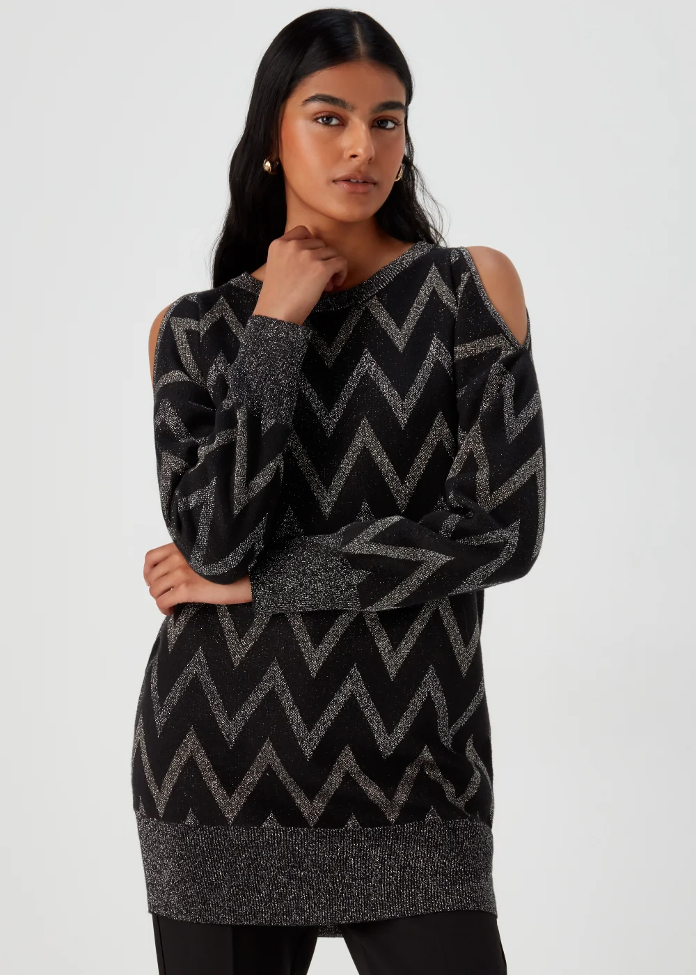 Et Vous Black Metallic Zigzag Cold Shoulder Knitted Mini Dress - 8 Image 1