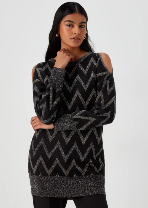Et Vous Black Metallic Zigzag Cold Shoulder Knitted Mini Dress - 8 Image 1