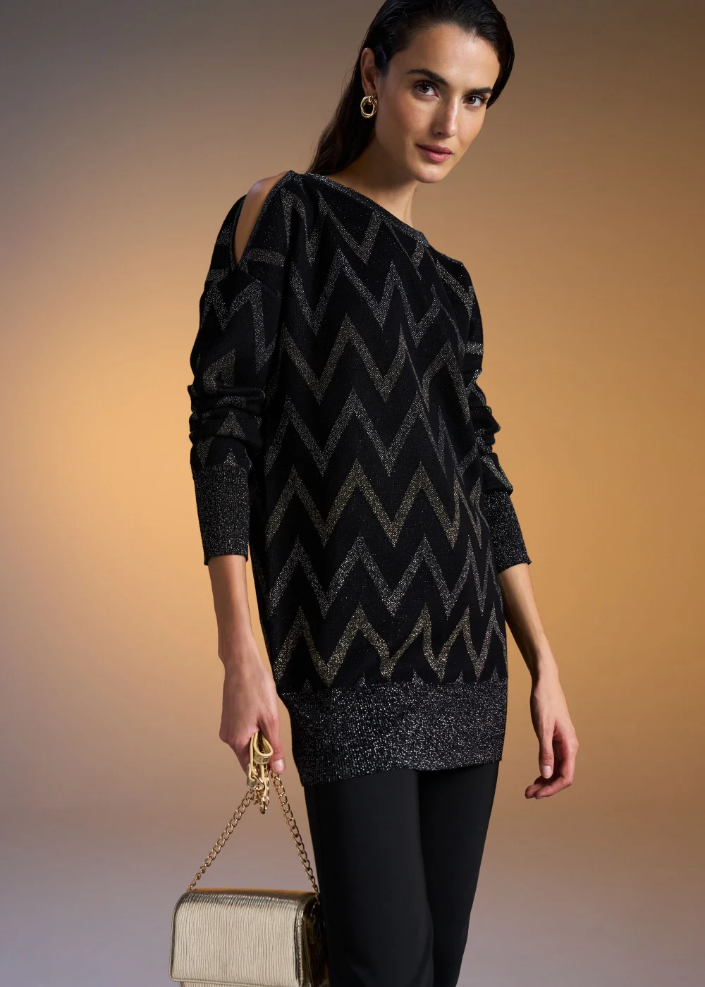 Et Vous Black Metallic Zigzag Cold Shoulder Knitted Mini Dress - 8 Image 6