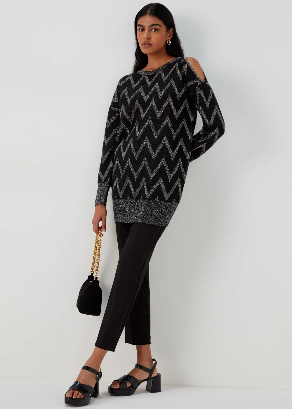 Et Vous Black Metallic Zigzag Cold Shoulder Knitted Mini Dress - 8 Image 4
