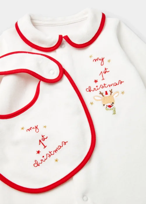 Baby Cream My First Christmas Velour Sleepsuit & Bib Set (Tiny Baby-6mths) - Tiny Baby Image 2