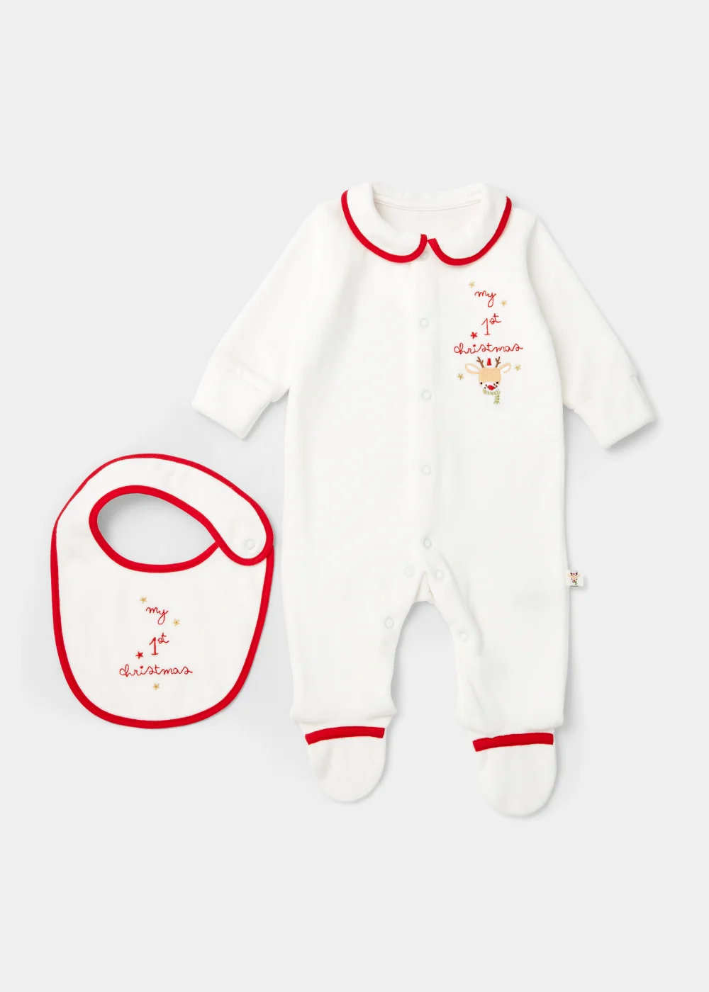 Baby Cream My First Christmas Velour Sleepsuit & Bib Set (Tiny Baby-6mths) - Tiny Baby Image 1