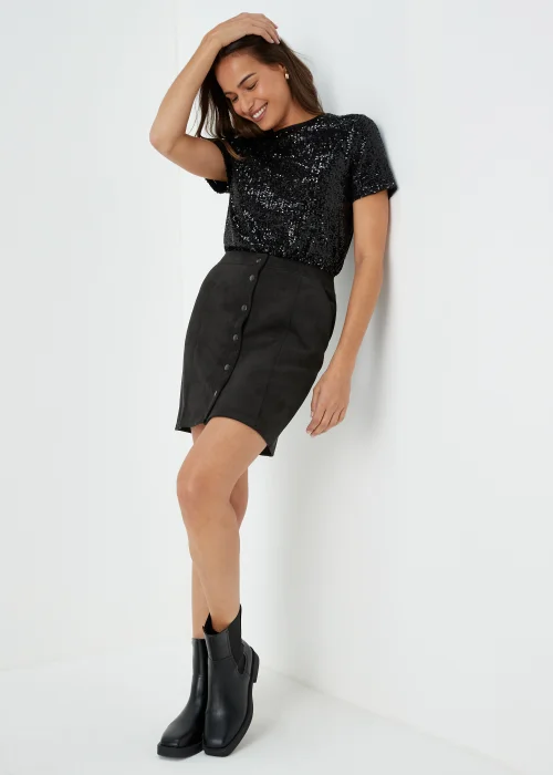 Black Faux Suede Button Mini Skirt - 8 Image 4