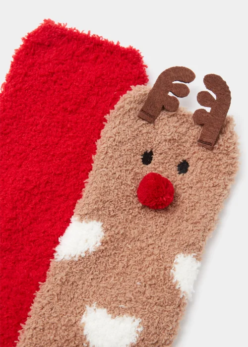 2 Pack Red & Reindeer Fluffy Christmas Socks - One Size Image 2
