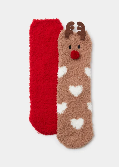 2 Pack Red & Reindeer Fluffy Christmas Socks - One Size Image 1