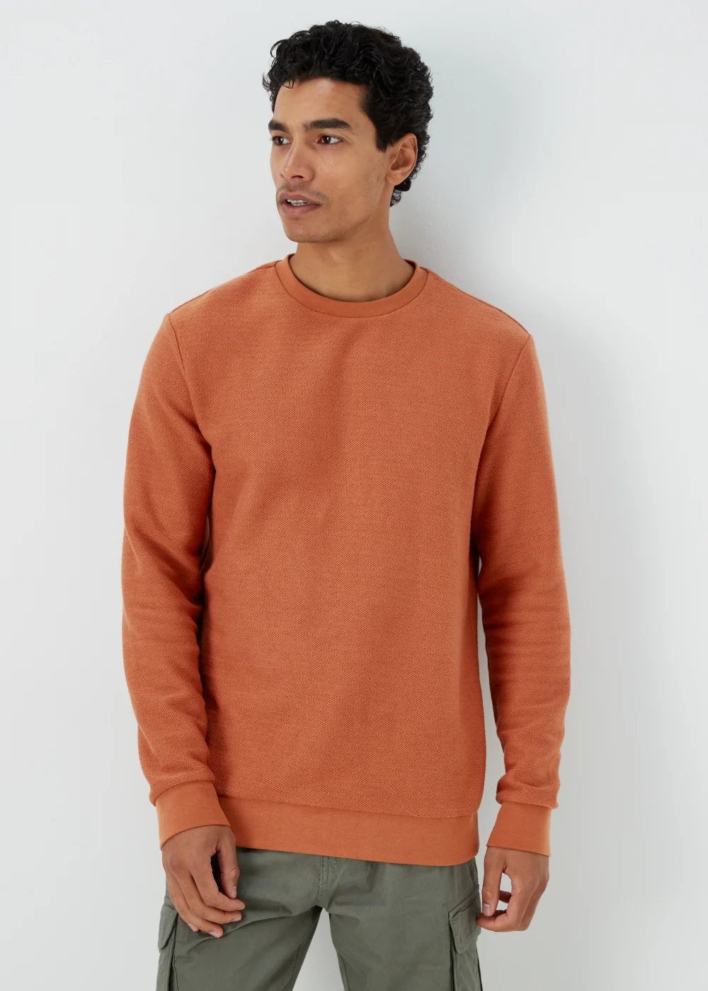 Orange Textured Crew Neck Sweatshirt - S Image 1