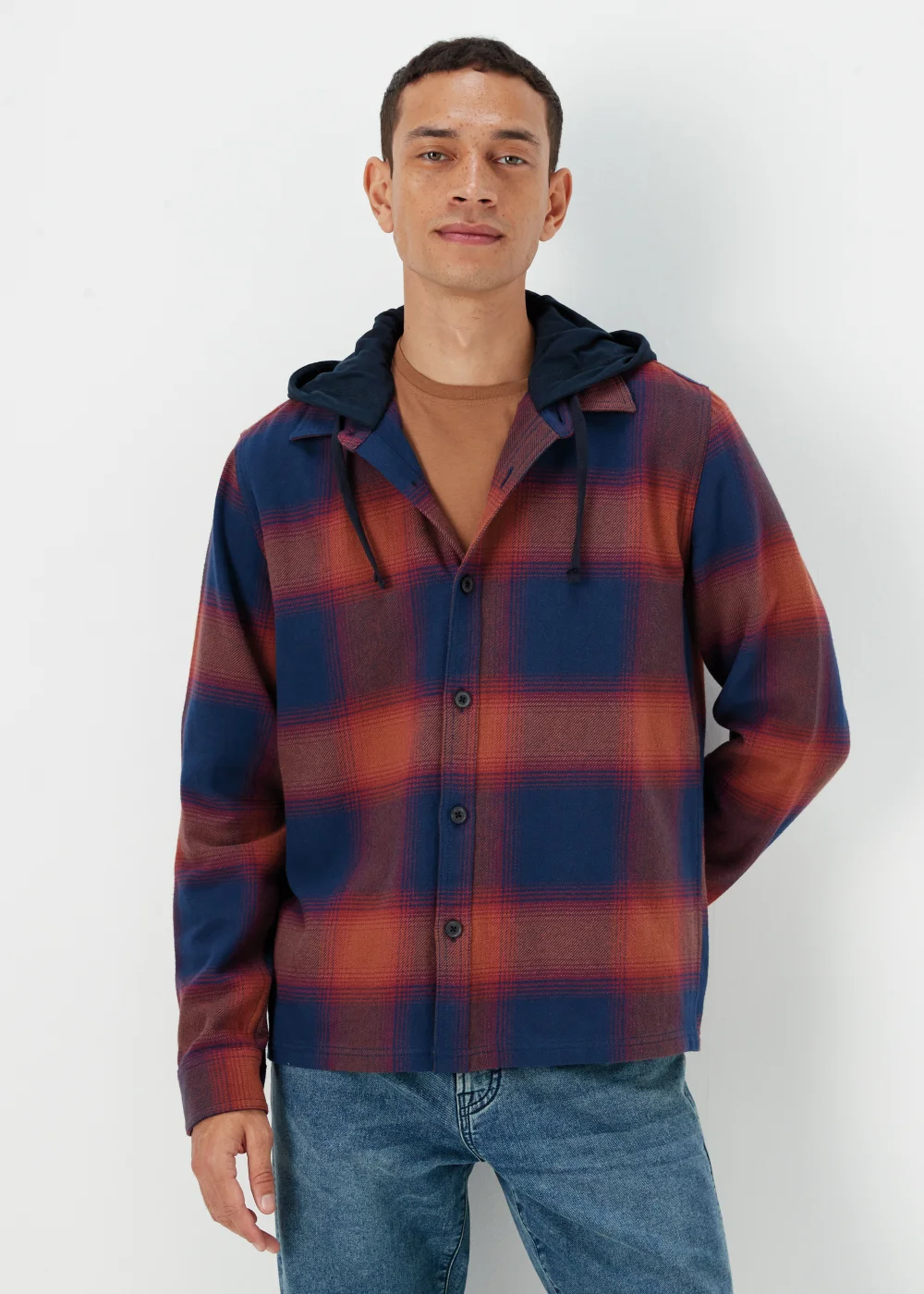 Burgundy Hooded Brushed Check Shirt - S Image 1