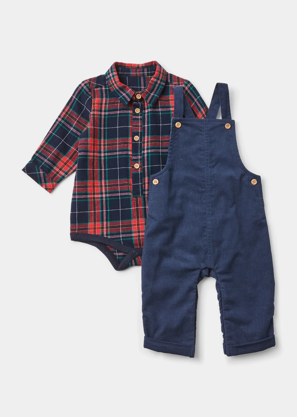 Baby Navy Cord Dungarees & Check Shirt Bodysuit Set (Newborn-23mths) - 0-3 months Image 1