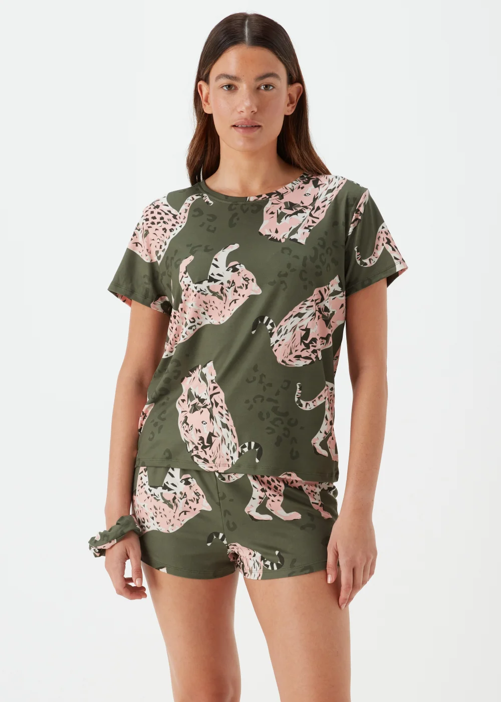 Khaki Leopard Print Short Pyjama & Scrunchie Set - Extra small Image 1