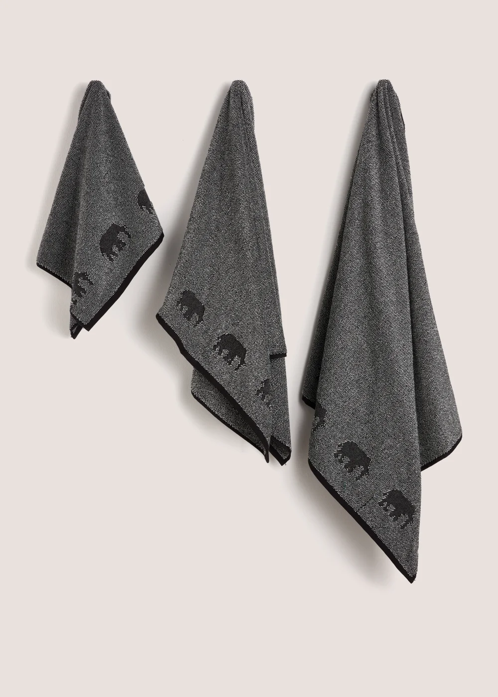 Black Monochrome Elephant Towels (500gsm) - Hand Towel Image 1