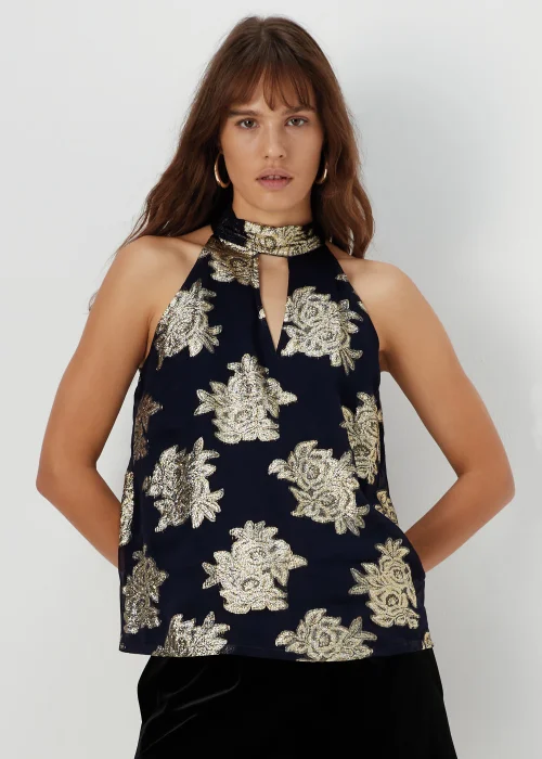Et Vous Navy Floral High Neck Sleeveless Top - Size 8 Image 1