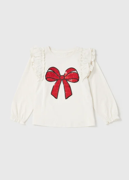 Girls Cream Bow Print Frill Long Sleeve T-Shirt (9mths-6yrs) - Age 9 - 12 Months Image 1