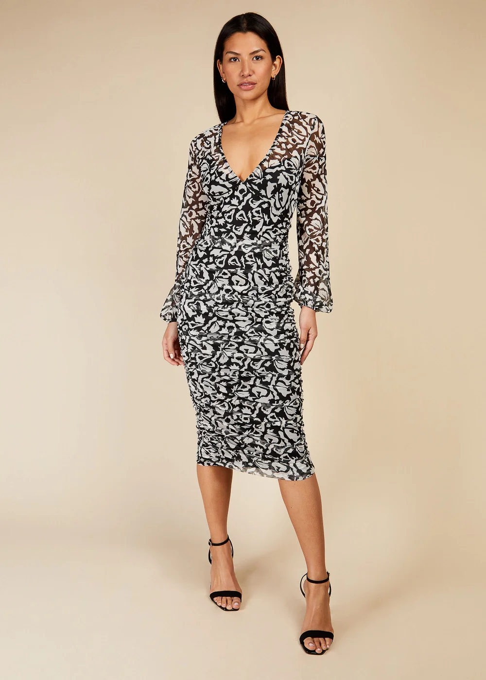 Little Mistress Black & White Print Mesh Midi Dress - 8 Image 1