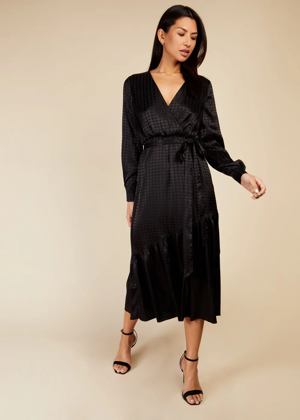little mistress satin wrap dress Floral Satin Wrap Dress with Playful Peplum Hem