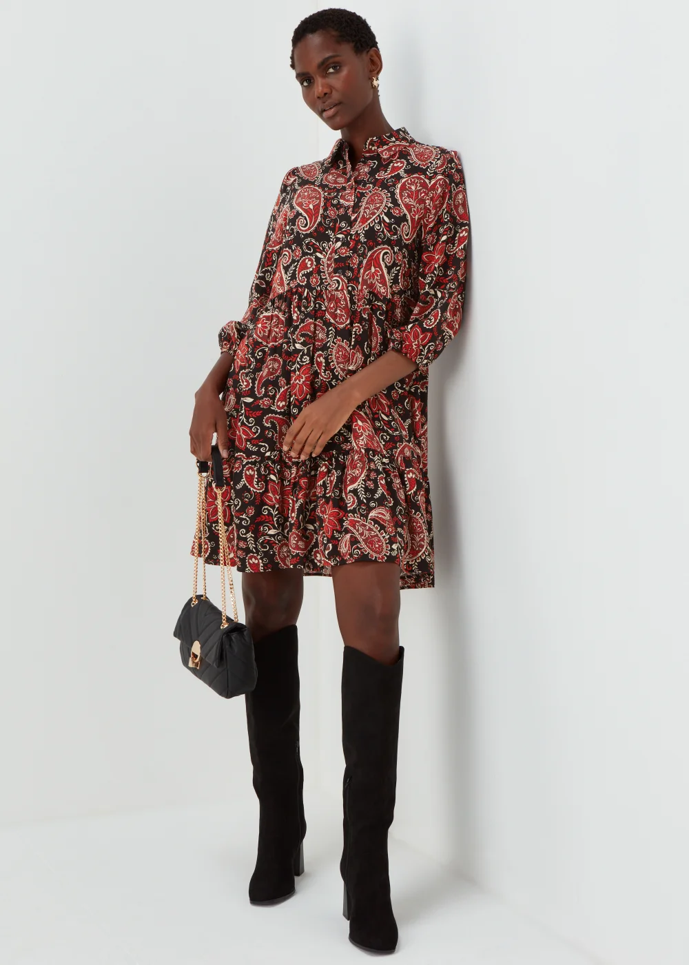 Black Paisley Print Mini Shirt Dress - 8 Image 4
