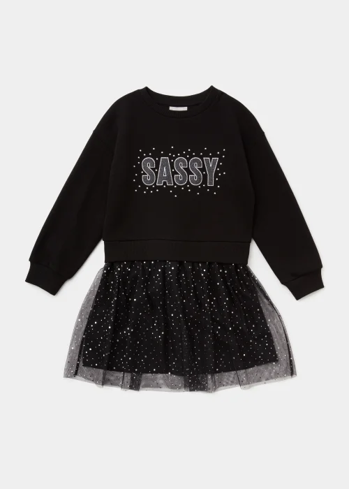 Girls Black 2 in 1 Sassy Mesh Sweatshirt Dress (4-13yrs) - 4 Yrs Image 1