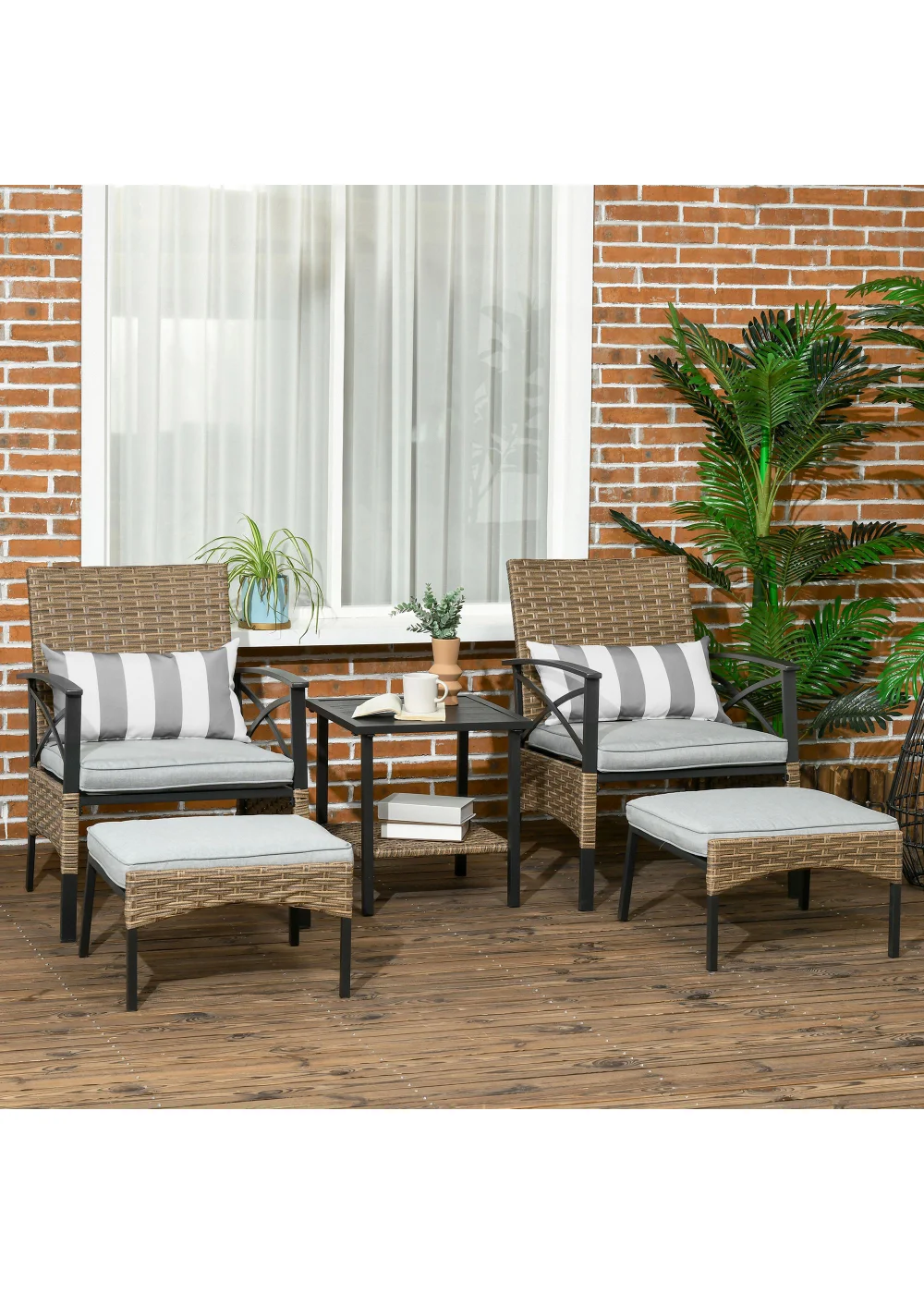 Outsunny 5 piece Rattan Garden Furniture Set with Chair, Footstool and Table, Grey - No Size Image 1