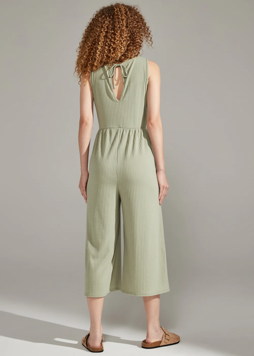 Khaki Tie Waist Ribbed Jumpsuit - 8 Image 2