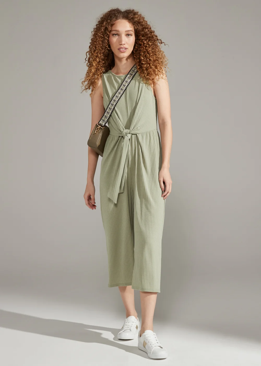 Khaki Tie Waist Ribbed Jumpsuit - 8 Image 4